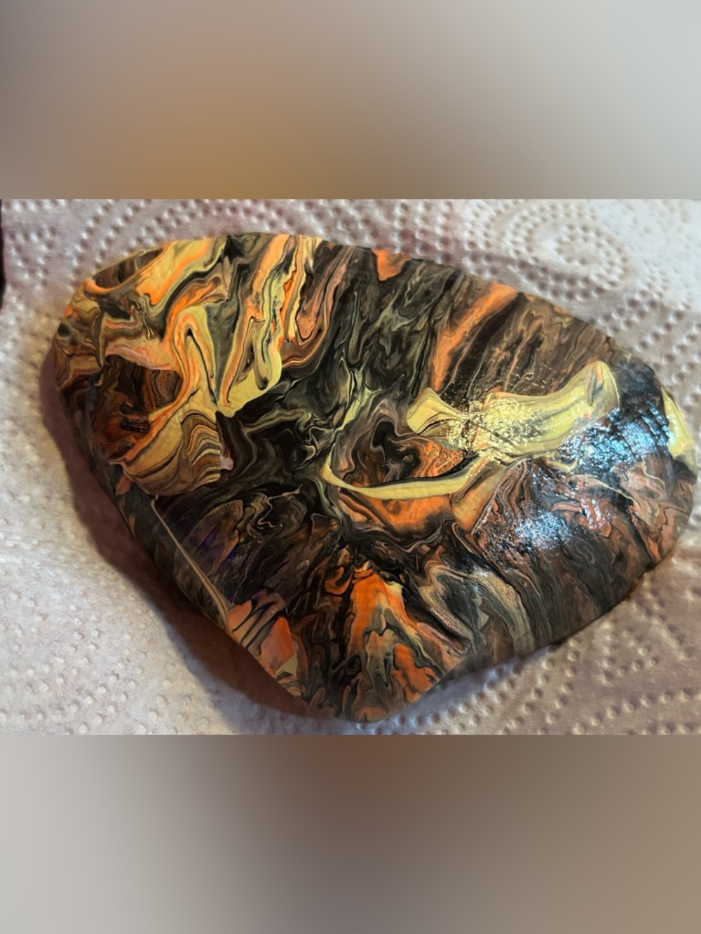 Hand Crafted Painted Abstract Marbled Yellow,Orange & Black Seashell Art Decor